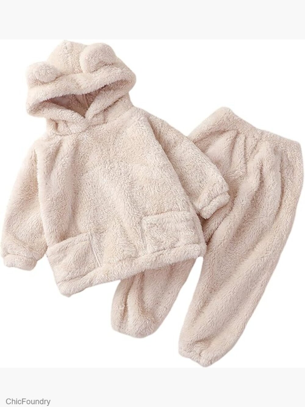 Kids Bear Ear Fuzzy Fluffy Hoodie Sweatshirt with Fleece Sweatpants Set